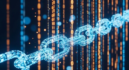Glowing blue digital chain links with binary code streams and bokeh blockchain technology