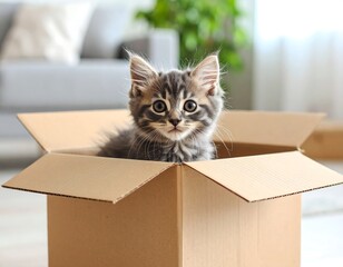 Gray kitten in cardboard box