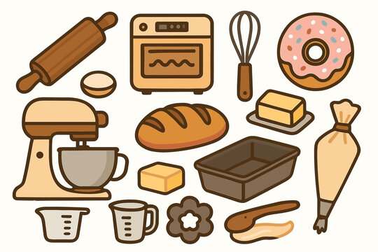 Colorful baking icons: mixer, oven, bread, donut, butter, baking tools