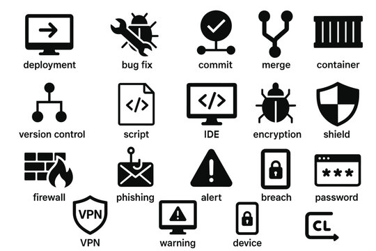 Essential software development and cybersecurity icons collection