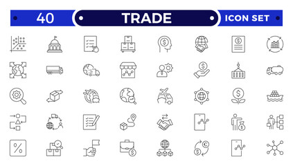 Trade outline icon collection. Business icon set. Business team, meeting, partnership, startup, planning, company, management, profit and successful key icons.