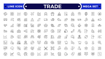 Trade outline icon collection. Business icon set. Business team, meeting, partnership, startup, planning, company, management, profit and successful key icons.