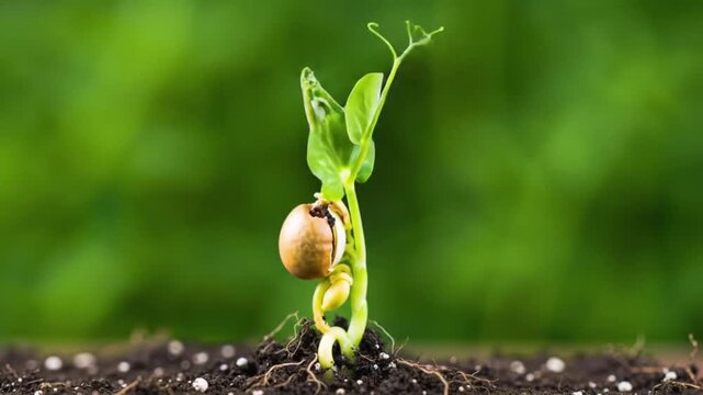 A young pea plant seedling sprouting from a seed in rich soil, symbolizing new beginnings, growth, and the agricultural cycle.
