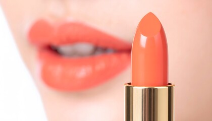 Obraz premium Coral Lipstick Close-up with Blurred Lips in Background