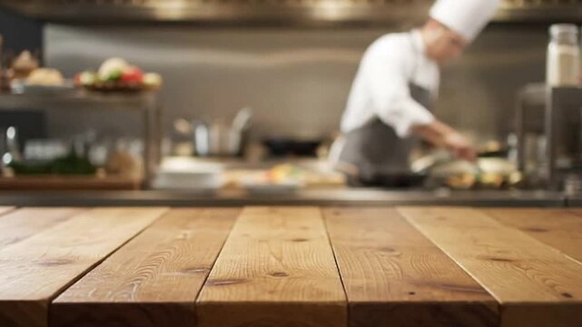 A chef works in a blurred kitchen backdrop set behind a detailed wooden table foreground