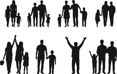 CAD Drawing Flat Vector Illustration, Diverse Family Silhouettes, Parenting Unity Concept, Black and White People Groups, Family Bond Artwork