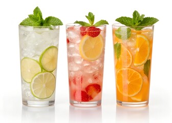 High-Resolution Isolated Image of Colorful Summer Fruit Mocktails in Transparent Glasses with Ice, Citrus Slices, and Mint Garnish on white Background.