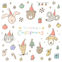 サンタ帽子をかぶったかわいい動物たちとクリスマスのあしらいイラストセット。ゆるい落書きスタイルの線画とパステルカラーの塗り。
