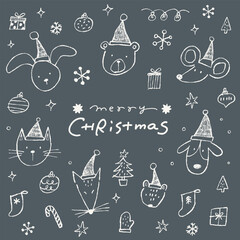 サンタ帽子をかぶったかわいい動物たちとクリスマスのあしらいイラストセット。暗い背景に白の線画、ゆるい落書きスタイル。