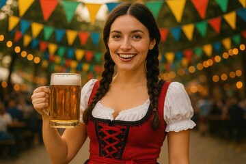 Young woman in traditional Bavarian dress holding a beer mug at outdoor festival. Colorful bunting and lights in background. Concept of Oktoberfest and celebration