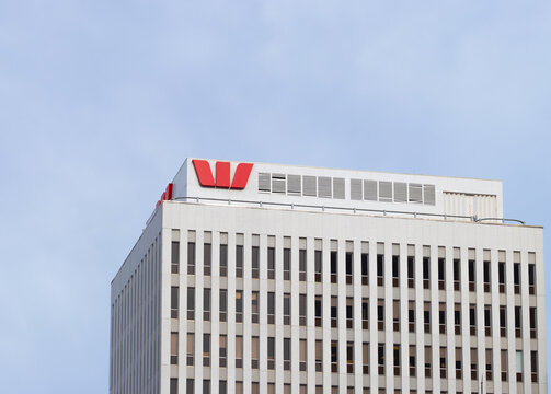 Exterior view of the Westpac building located at 318 Lambton Quay in the city centre, with copy space. 