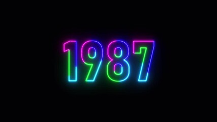 1987 neon line text. Abstract 1987 neon text animation ,For neon color Glowing neon number text background 4k video animation .Digital font against a dark background with neon line looping animation.