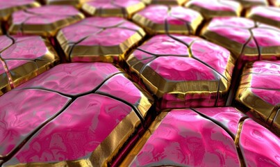 Fototapeta premium Abstract gemstone texture background with pink metallic and gold facets