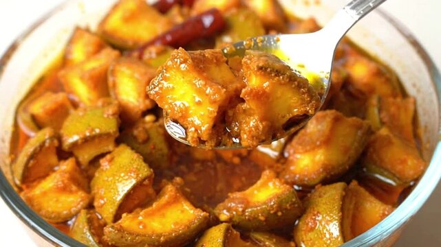 A closeup captures mango pickle in a bowl lifted by a spoon The pieces are coated in a flavorful marinade