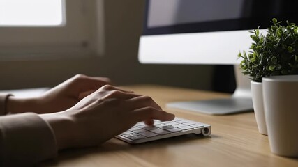 Woman's hands typing on a wireless computer keyboard on a wooden desk. Concept of remote work, freelancing, and digital business. - Powered by Adobe
