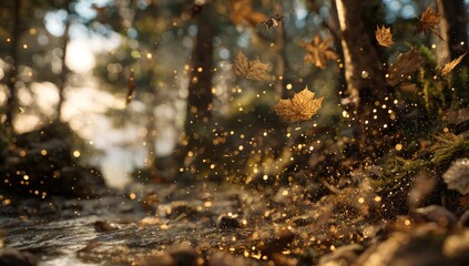 Obraz premium Golden autumn leaves falling in a forest stream