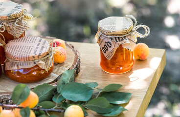 Preservation and summer harvest. Homemade healthy jelly, apricot jam. Preparing jars. Sweets and fruits.