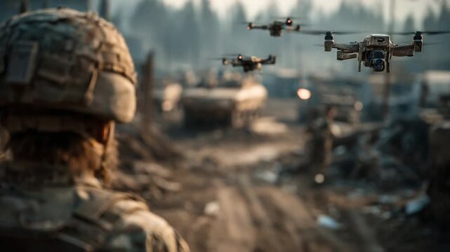 Soldier watching drones over battlefield