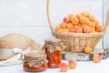 Preservation and summer harvest. Homemade healthy jelly, apricot jam. Preparing jars. Sweets and fruits.