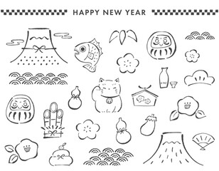 日本のお正月、新年の縁起物などのイラストセット。手描きのゆるい線画。