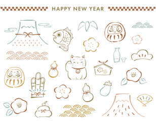 日本のお正月、新年の縁起物などのイラストセット。手描きのゆるいパステルカラーの線画。