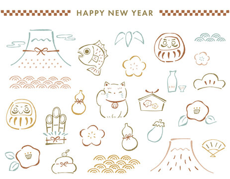 日本のお正月、新年の縁起物などのイラストセット。手描きのゆるいパステルカラーの線画。
