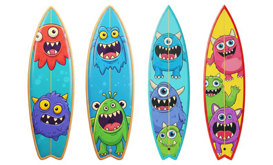 3D cartoon colorful surfboards set with cute monsters isolated on transparent background, PNG file add
