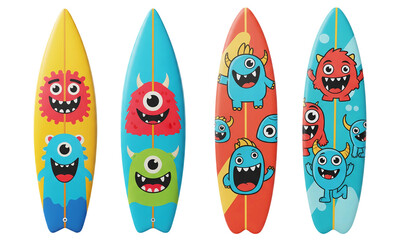 3D cartoon colorful surfboards set with cute monsters isolated on transparent background, PNG file add