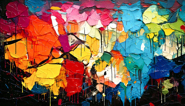 Vibrant abstract graffiti wall features bold splashes of color, including red, blue, yellow, and green, with dynamic textures and expressive drips creating energetic composition - Powered by Adobe