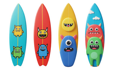 3D cartoon colorful surfboards set with cute monsters isolated on transparent background, PNG file add