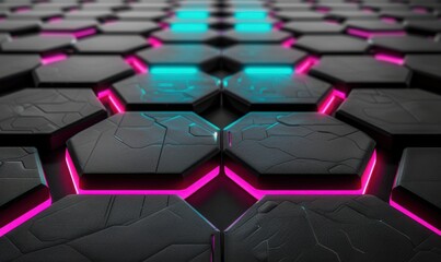 Obraz premium Abstract geometric hexagon pattern with neon lighting tech background design