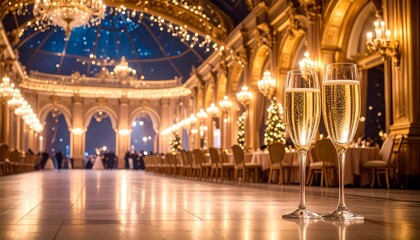 Obraz premium Elegant champagne flutes in a grand hall