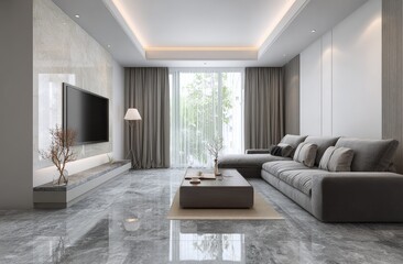 Modern living room with gray sectional sofa, marble floors, and large window