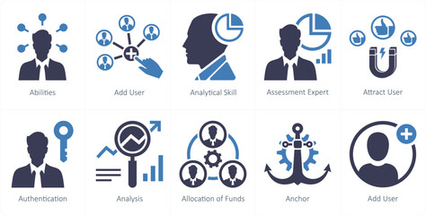 A set of 10 mix icons as abilities, add user, analytical skill