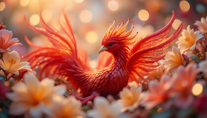 Majestic Red Phoenix with Blossoming Flowers at Sunset