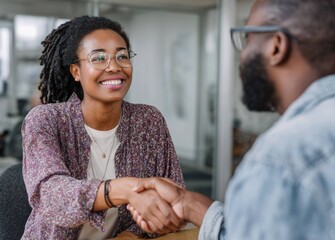Business meeting success happy businesswoman shaking hands with male boss in office environment