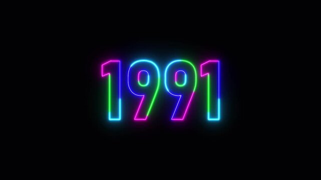 1991 neon line text. Abstract 1991 neon text animation ,For neon color Glowing neon number text background 4k video animation .Digital font against a dark background with neon line looping animation.