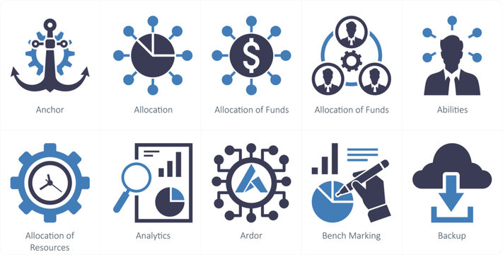 A set of 10 mix icons as anchor, allocation, allocation of funds