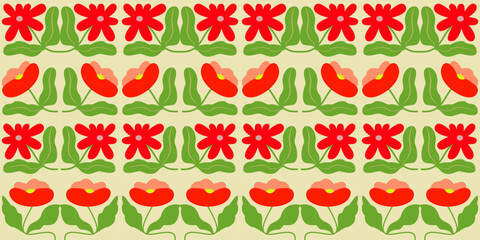 Red tulips seamless pattern with floral elements in vintage spring design Abstract hand drawn flowers seamless pattern with florals for fabric, textile, clothing, poster, cover, banner, wall art