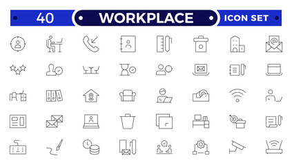 Workplace Outline icon set. Office icon set. Containing briefcase, desk, computer, meeting, employee, schedule and co-worker symbol. Outline workspace icons vector collection.