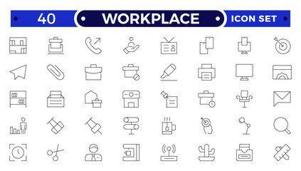 Workplace Outline icon set. Office icon set. Containing briefcase, desk, computer, meeting, employee, schedule and co-worker symbol. Outline workspace icons vector collection.
