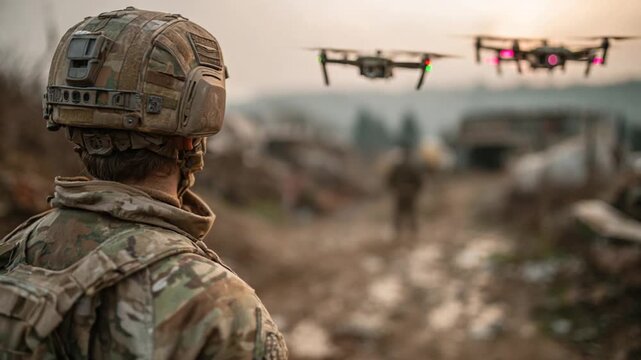 Soldier in camouflage uniform, drones in the background