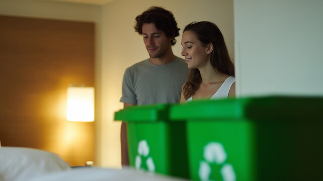 Couple hotel green bin recycling sustainability eco friendly smiling indoor