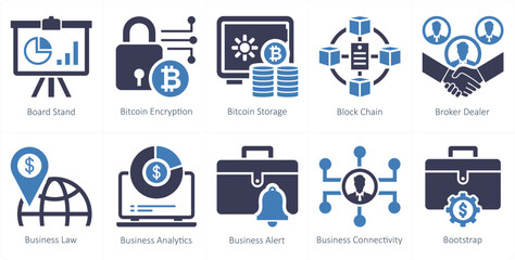 A set of 10 mix icons as board stand, bitcoin encryption, bitcoin storage