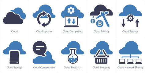 A set of 10 mix icons as cloud, cloud update, cloud computing, cloud mining