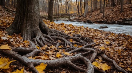 Obraz premium Autumn Landscape with Tree Roots and Stream in Forested Area