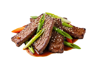 Ultra-realistic, high-angle shot of glossy wok-fried Mongolian beef, green scallions, and sesame seeds on a transparent background, showcasing gourmet quality for culinary advertising