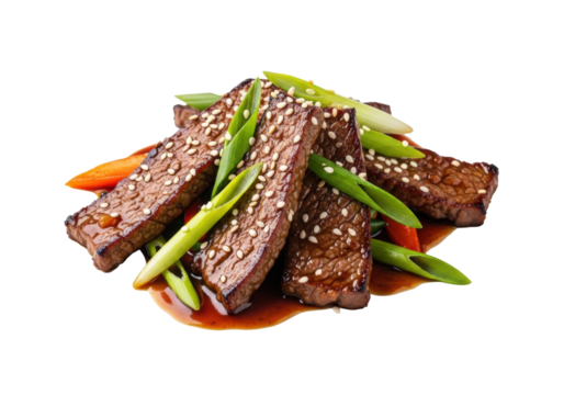 Ultra-realistic, high-angle shot of glossy wok-fried Mongolian beef, green scallions, and sesame seeds on a transparent background, showcasing gourmet quality for culinary advertising