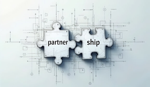 A conceptual image featuring two interlocking puzzle pieces labeled with the words “PARTNER” and “SHIP,” symbolizing partnership and connection. Set against a dark background with glowing or highlight