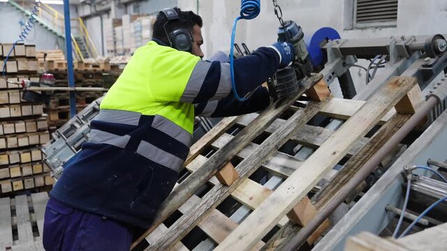Carpenter uses pneumatic nail gun to assemble wooden pallets in a factory, captured in slow motion